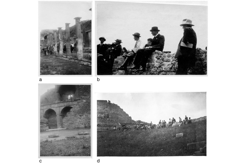 Fig. 7
The Polytechnic group at the Triangular Forum and the Theatre (APB, photographic collection). a) Triangular forum; b) sitting in the summa cavea of the Theatre. The phrase &laquo;Sull'ultimo gradone del teatro: Zanotta, Fratino, Sovraintendente scavi, Bottonpietro, Moretti, Bertini&raquo; is written on the back of the photograph. c) The wall of the Theatre from the Triangular Forum; d) photo taken from a distance of the group in photo b.