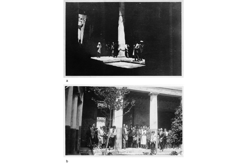 Fig. 9
The Polytechnic group at the House of the Silver Wedding (APB, photographic collection). a) In the dim light of the tetrastyle atrium; b) In the Rhodian peristyle.