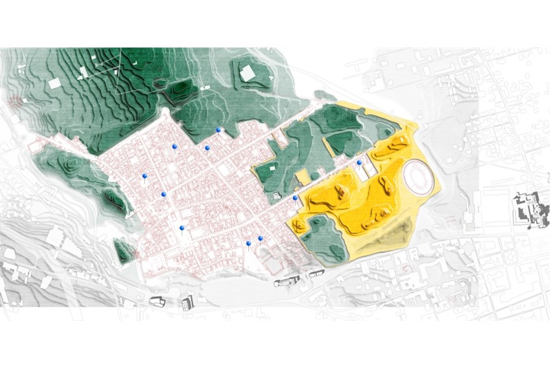 Fig. 10
Plan of Pompeii archaeological area and new town in 1926. In green: embankments not yet excavated at present; in yellow: embankments still to be excavated (new excavations) in the year of the trip. Blue pins indicate documented sites of visit (L. Ferro, PoliMi).