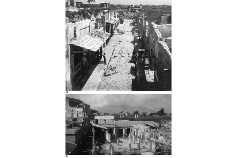 Fig. 11
Excavations in progress from 1924 to 1926 (Archivio Storico PA-Pompei &ndash; Pompeiisites). 
a) Street of Abundance; b) Peristyle of the House of Paquius Proculus.