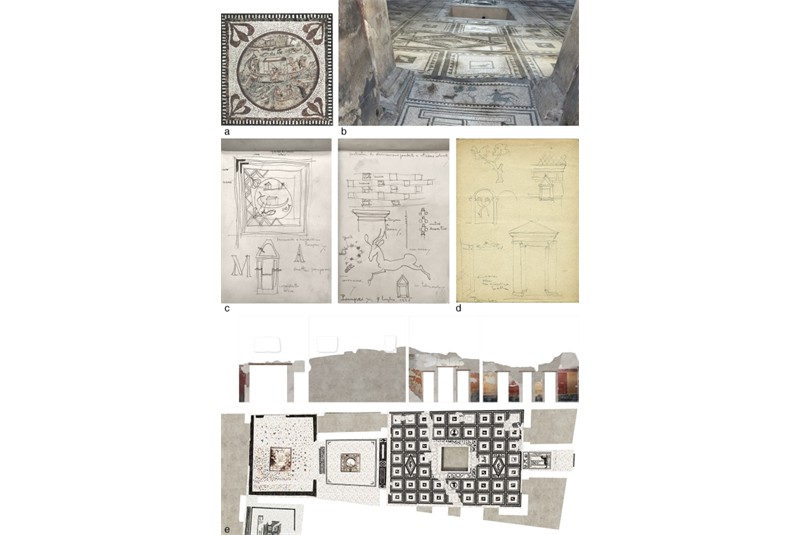 Fig. 12
House of Paquius Proculus, Regio I, ins. 7.1. a) Nilotic mosaic uncovered in the triclinium on the portico (photo by L. Ferro); b) Detail of the atrium (foto L. Ferro); c) Sketches from P. Bottoni notebook (APB, Politecnico di Milano); d) Sketches from L. Figini notebook (AAF Milano); e) Drawing of the atrium and tablinii (L. Ferro_PoliMi).