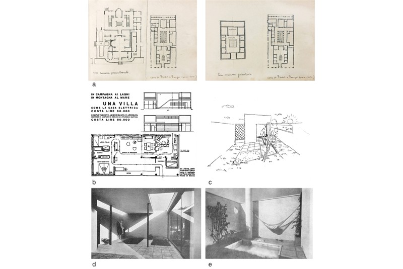 Fig. 14 
a) G. Pollini, Comparative plans of the Domus, Notebook n. 7, 1925 (Fonte: MART); b) the Casa Elettrica, Manifesto, IV Triennale 1929-1930; c, d, e) L. Figini, House at the Journalists' Village, Milan, 1933, sketch of the terrace-garden (Protasoni 2010, p. 50 and Figini 1950).