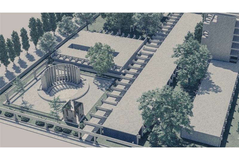 Fig. 3
Vista a volo d’uccello della piazza
con accesso-propilei e teatro
all’aperto sul sedime della cappella
mai costruita. Fig. 3
Vista a volo d’uccello della piazza
con accesso-propilei e teatro
all’aperto sul sedime della cappella
mai costruita.