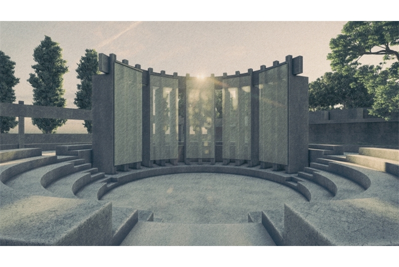 Fig. 5
Vista del teatro all’aperto, particolare
dei teli per le video-proiezioni
notturne. Fig. 5
Vista del teatro all’aperto, particolare
dei teli per le video-proiezioni
notturne.