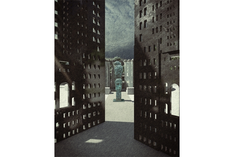 Fig. 2 View from the access to the square towards the statue Between memory and oblivion.