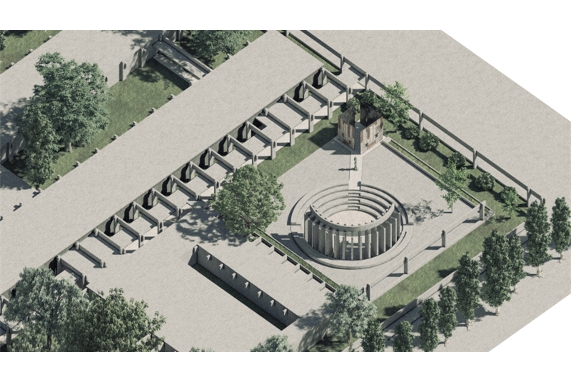 Fig. 2 Bird's-eye view of the square with access-propylaea and open-air theater on the site of the never-built chapel.