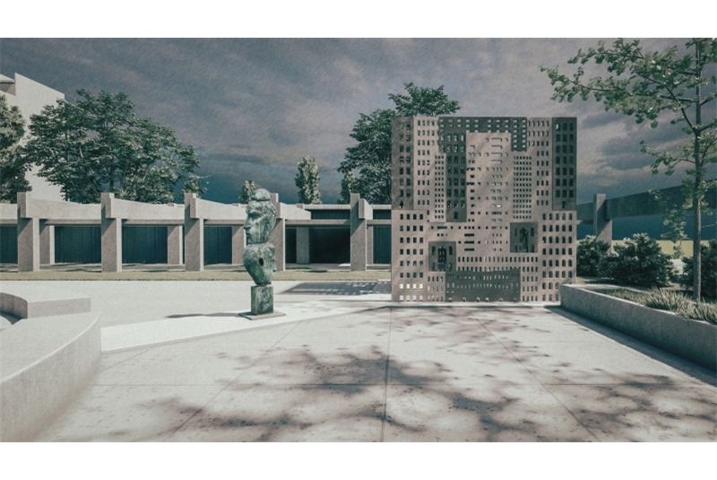 Fig. 6 View of the access sculpture in perforated and treated steel and the statue Between memory and oblivion.